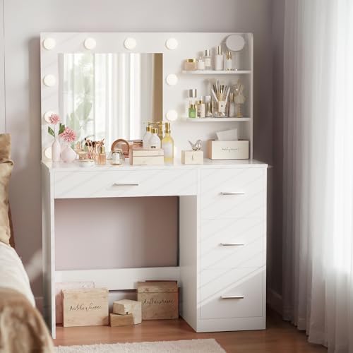 Image of Furmax Vanity Desk with LED Lighted Mirror&Power Outlet, Makeup Vanity Table with 4 Drawers, 3 Open Storage Shelves, and 3 Color Modes, for Bedroom (Pure White)