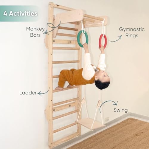 Image of Curious Cub Jungle Gym for Kids Indoor |Playset with Wooden Ladder, Gym Rings, Monkey Bars & Swing |Develops Motor Skills| Jungle Gym Set | Jungle Gym for Kids & Babies 1.5-7 Years, 10 cm