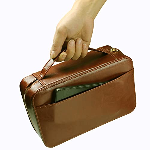 Amancy Luxurious 5 Holder Brown Leather Travel Cigar Humidor Case Set ,Portable Cigar Bag Pouch With 8 Oz Flask ，Cigar Lighter And Cutter Contained #TOP1