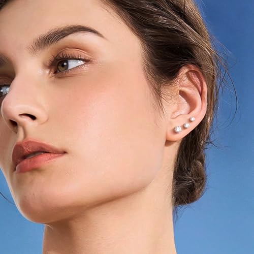 Flat Back Moissanite Stud Earrings: 3 Pairs Imitation Diamond Hypoallergenic Screw on Cartilage Helix Piercing Sensitive Ear Studs Set - 18K White Gold Plated Sterling Silver Earring for Women Men3