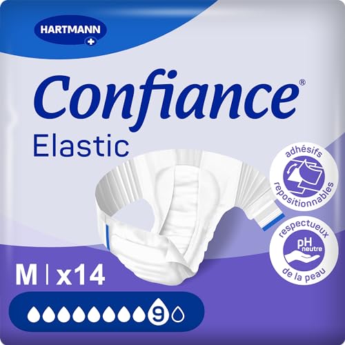 Confiance Elastic – Cambios completos para hombres y mujeres – Nivel de absorción = 9 gotas (fugas urinarias importantes) – pH neutro a la piel – Material suave – Talla M – 14 unidades