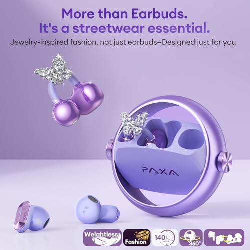 Image of PAXA 3 in 1 Ctbuds Stylish Jewelry-Style Clip on Open Ear Headphones Wireless Earbuds, Instant Earring Mode, Ultra-Long 140H Play, Bluetooth 6.0, All-Day Wear for Work Fitness Daily Use, Purple