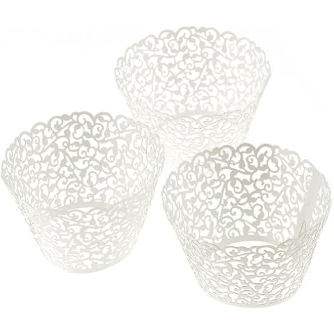 VStoy 100 Filigree Little Vine Lace Laser Cut Cupcake Wrapper Liner Baking Cup Muffin Case Trays Wedding Birthday Party Decoration (WHITE, 1) Cover