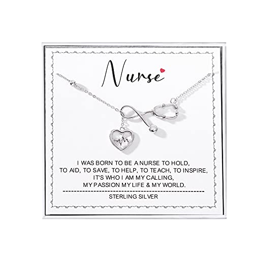 Sterling Silver Nurse Stethoscope Necklace - RN Nurse Graduation Jewelry Gifts Heartbeat Pendant