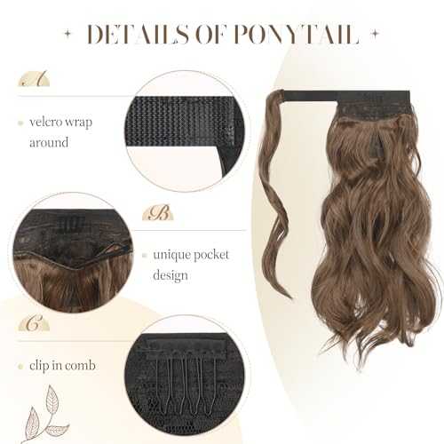 Feshfen Wavy Ponytail Extension, Natural Curly Wrap Around Ponytails Brown Hair Piece Synthetic Long Clip Pony Tail Hairpieces For Women thumb #1