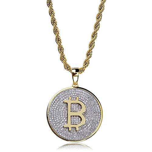 KMASAL Moca Jewelry Hip Hop Iced Out Bling Personality Bitcoin Pendant 18K Gold Plated Chain Necklace for Men Women