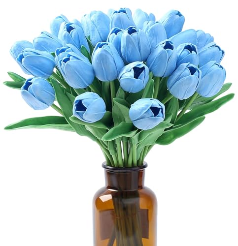 Wekuw 15 Piezas Tulipanes Flores Artificiales Decoracion Ramo de Flores Naturales a Domicilio Artificiales Realistas Tulipanes Real Touch para la decoración de la Boda del Partido(Lago Azul)