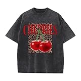 Oiiaayy Oversized Cherry Graphic Tees for Women Vintage Leopard Cherry Fruit Shirt Acid Wash Crewneck Streetwear T Shirts Top (Black,M)