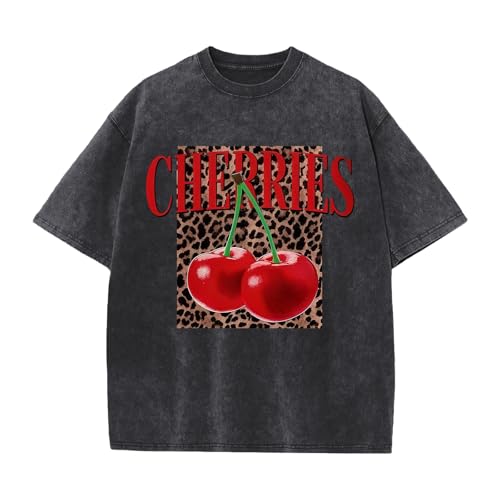 Oiiaayy Oversized Cherry Graphic Tees for Women Vintage Leopard Cherry Fruit Shirt Acid Wash Crewneck Streetwear T Shirts Top (Black M)