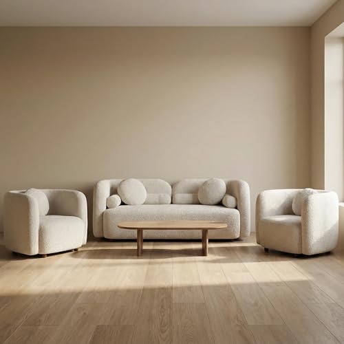 Image of 2026 New Beige Boucle Loveseat Sofa Set, 3-Piece Living Room Seating Set - 2 Seater Sofa + 2 Single Chairs, Solid Wood Frame Modern Couches with Pillows