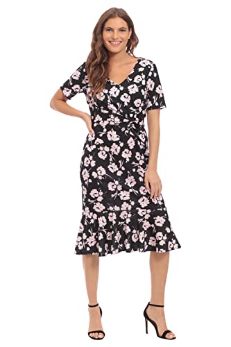 Image of London Times Women's V-Neck Dress - Flounce Hem, Twist Waist, Elegant Office & Event Wear