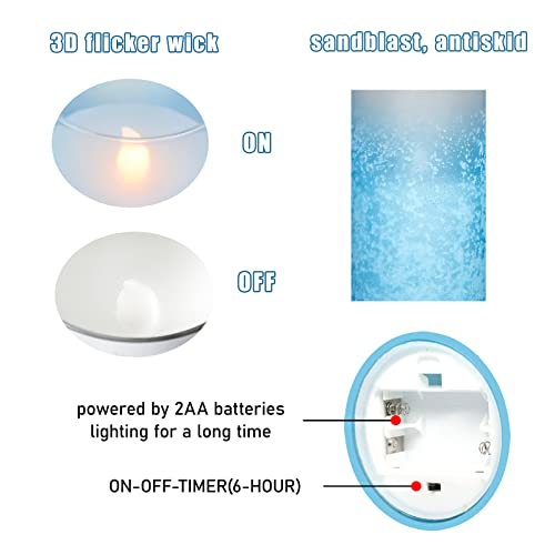 Gorge Moment Flameless Candles X3, Sandblasted Cerulean Led 3D Flicker Lights, Blue Ocean Series Skyblue Frosted Glass Decor, Dim With Remote Timer, Summer Trendy Modern Gift For Friends Lover #TOP3