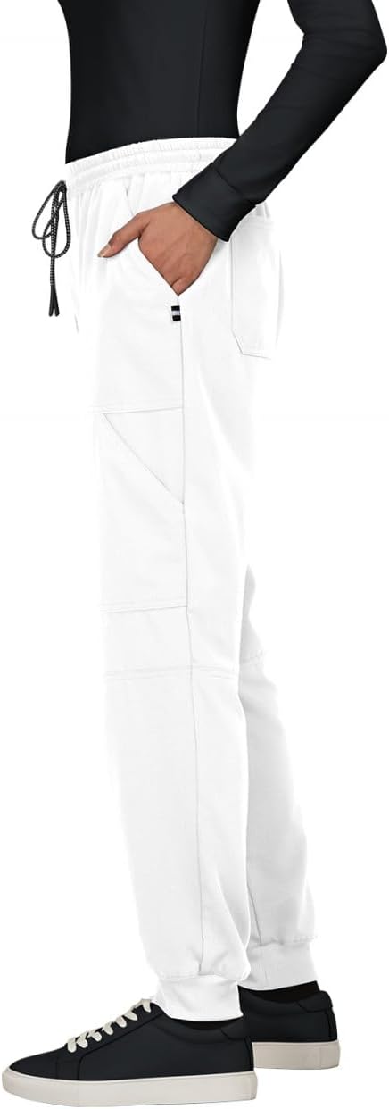 KOI Next Gen Women's 7 Pocket Good Vibe Jogger Scrub Pants with 4-Way Stretch and Elastic Waistband White Small