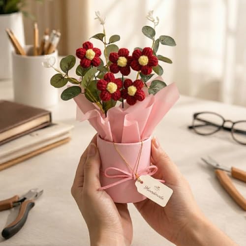 Image of Panchhi Store Handmade Crochet Flower Bouquet in Red Vase, Aesthetic Room Decor for Bedroom, Unique Birthday Gift for Women & Girls, Anniversary Couple, Boho Artificial Table Decoration Items 1 pcs