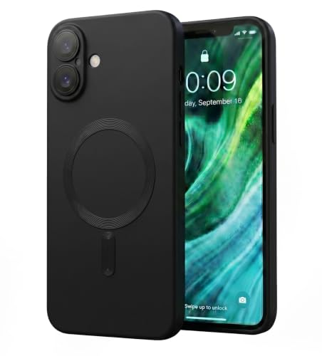 Image of amazon basics Premium Mag-Safe Case for iPhone 16 Plus | Shockproof & Anti-Scratch Cover | Soft Silicone with Wireless Charging | Camera Lens Guard - Black
