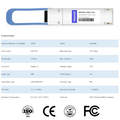 Image of 100G QSFP28 LR4 Optical Transceiver Module Compatible with Extreme Networks 10403,100GBASE-LR4 QSFP28 1310nm 10km LC SMF DOM