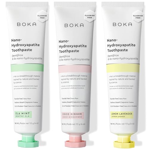 Image of Boka Fluoride Free Toothpaste, Nano Hydroxyapatite Toothpaste, Appropriate for Sensitive Teeth - for Adult Oral Care - Ela Mint, Coco Ginger, Lemon Lavender Flavor, 4 Fl Oz 3Pk