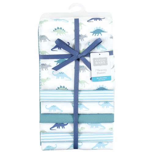 Image of Little Treasure Hudson Baby Cotton Poly Flannel Receiving Blankets Multipack, Blue Soft Teal Dino, 30x30 inches