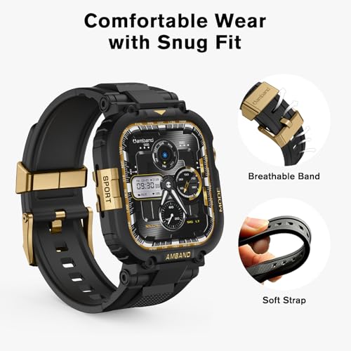 Image of amBand for Apple Watch Series 11 /10 42mm Bands Case for Men, M1 Sport Rugged Heavy Duty Bumper Protector Tactical Strap Military Protective Cover for iWatch Workout Accessory 42 mm - Black Gold