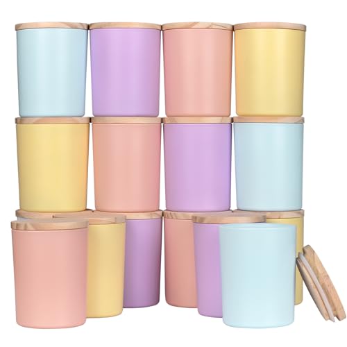 SHOWIN Thick Candle Jars for Making Candles 16 Pcs, 7 OZ Empty Jars with Wood Lids for Candle Making, Sample Container, Colourful