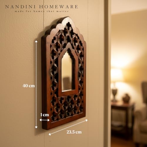 Image of Nandni Homeware Handcrafted Traditional Brown Mughal MDF Wooden Mirror Jharokha Wall Art | Boho Vintage Style Decorative Wall Hanging for Living Room, Bedroom & Home Interiors (Brown Mughal)