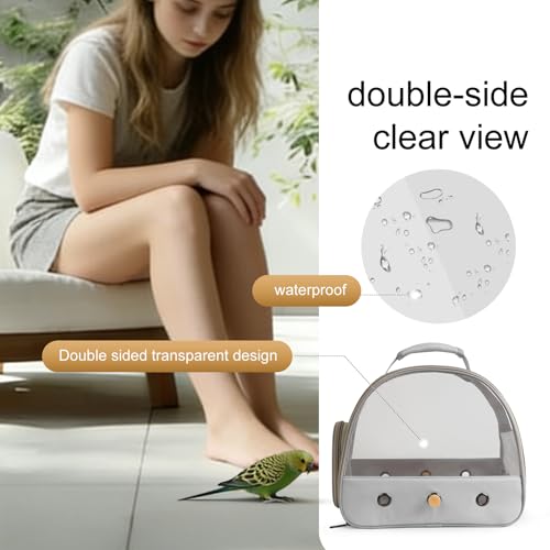 Image of Bird Carrier, Portable Small Bird Parrot Parakeet Carrier with Standing Perch and Stainless Steel Tray, Side Access Window Collapsible (Grey, Clear Windows)