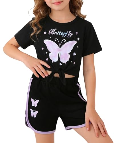 Image of Jecson Girls Summer Outfits 2Pcs Kids Clothes Girls Tie Knot Front Tops T-Shirts and Casual Short Sets 5-12Y
