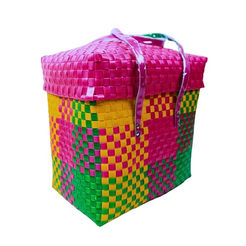 Image of Hand Made Multipurpose Plastic Basket with Lid | Eco-Friendly, Washable, Rust-Free Storage Basket for Kitchen, Picnic, Toys, Travel, Office | Lightweight basket (Pink with Green, Extra Small)