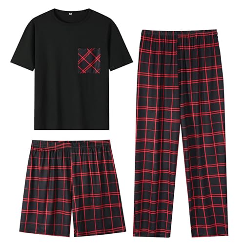 Generisch Conjunto de pijama de algodón para hombre con camiseta de cuello redondo + pantalones largos a cuadros + pantalones cortos ropa de descanso casual pijamas suaves ropa de dormir cómoda ropa