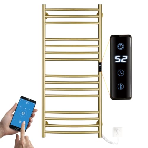 ESOP Radiador Toallero Eléctrico Baño Oro Cepillado 185 W Radiador Calienta Toallas de Toallero, 1100 x 600 mm 15 Varilla Curva WiFi Inteligente de Te...