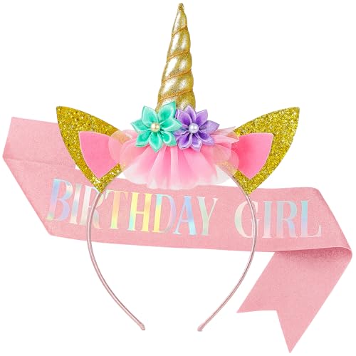 TWPER Birthday Girl Sash Unicorn Headband Set Pink Glitter Birthday Girl Party Supplies Happy Birthday Outfit Accessories for Kids Women Decorations