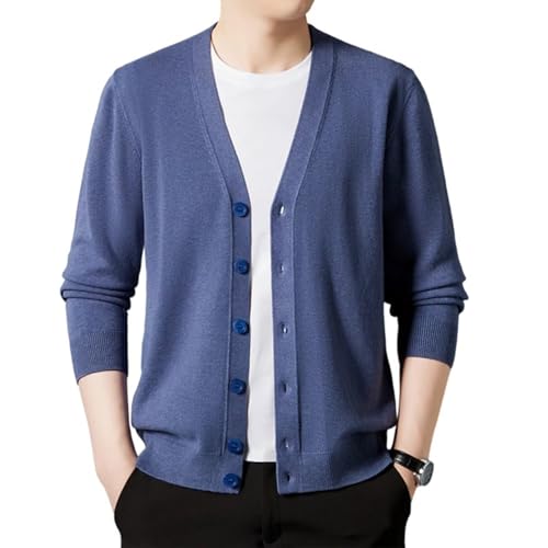 Rivccku Men's 100% Pure Cashmere V-Neck Button Front Long Sleeve Cardigan Sweater