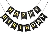 Moohome Black and Gold Sparkle Glitter Happy Birthday Banner Signs Birthday Party Supplies for Dramatic Kid's Birthday Party Backdrop Hanging Decorations