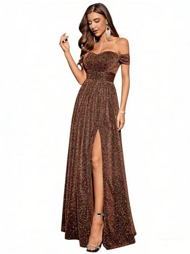 MIMIFINA Women's Off the Shoulder Glitter Formal Evening Gown Built-in Bra with High Slit Sparkly...