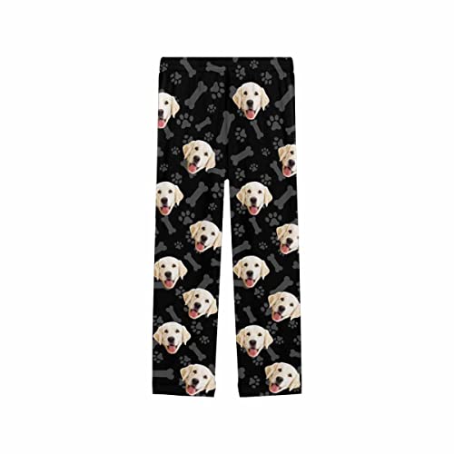 Customize Pet Photo Pajamas Bottoms, Pet Paw Prints Dog Bone Black Pajamas Trousers Personalized Face Long Sleepwear Pajamas Sleep Pants with Picture for Women Mom Christmas XS