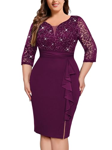 MISSMAY Women's Plus Size Sequined Lace V Neck Ruffle Split Hem Wedding Party Bodycon Cocktail Dress - Main Image