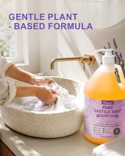 Image of Yoken EWG Verified Lavender Castile Soap Liquid, 1 Gallon Bulk Size, Made with Certified Organic Oils, Gentle Lavender Soap for Body Wash, Hands, Dishes, Laundry & More, Natural Versatile Cleanser