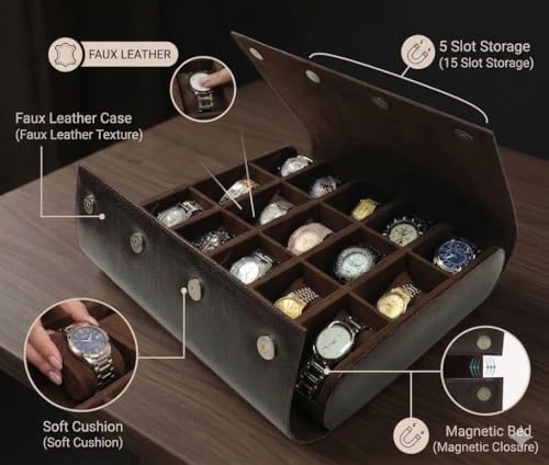 Image of essart Premium 15-Slot Watch Roll Case - Elegant Leather Travel Watch Organizer & Collector Display Box