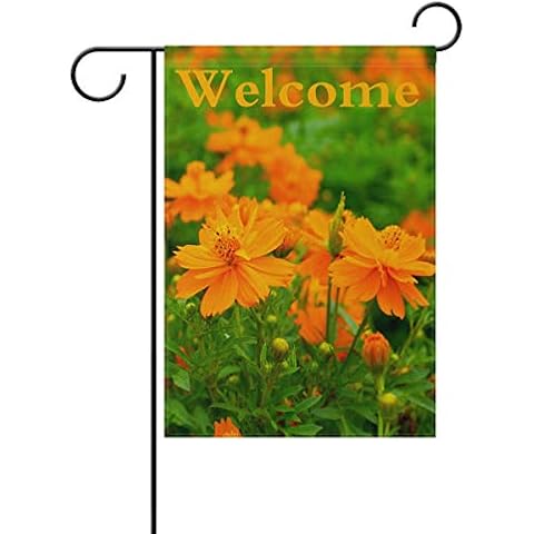 Vantaso Garden Flag Welcome Orange Cosmos Flower 12x18 inch Polyester Double Sided Printed for Outdoor Courtyards Cover