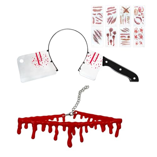 Rotumaty 10Pcs Halloween Costumes Headband Necklace Tattoos Accessories Set - Scary Bloody Halloween Props Cleaver Headband Blood Drip Choker Temporary Tattoos Fake Knife Zombie Costume Party Cosplay