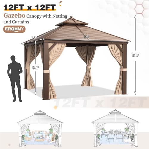 EROMMY-12×12-Hardtop-Gazebo-Galvanized-Steel-Outdoor-Gazebo-Canopy-Double-Vented-Roof-Pergolas-Aluminum-Frame-with-Netting-and-Curtains-for-GardenPatioLawnsParties EROMMY 12×12 Hardtop Gazebo Galvanized Steel Outdoor Gazebo Canopy Double Vented Roof Pergolas Aluminum Frame with Netting and Curtains for GardenPatioLawnsParties