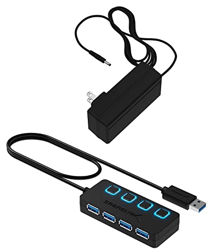4-Port USB 3.0 Hub with Individual LED Power Switches with 5V 4A 100V-240V to DC Power Adapter Support Most USB Hub [Black]