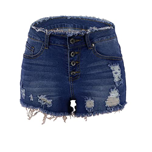 JEKE-DG Women Casual High Waisted Denim Shorts Frayed Raw Hem Ripped Jeans Shorts Stretch Distressed Raw Hem Jean Shorts (X-Large,Dark Blue)