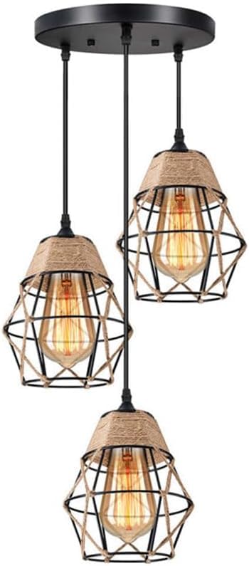 Luminaire de plafond en corde de chanvre tressée et suspension rétro à triple foyer