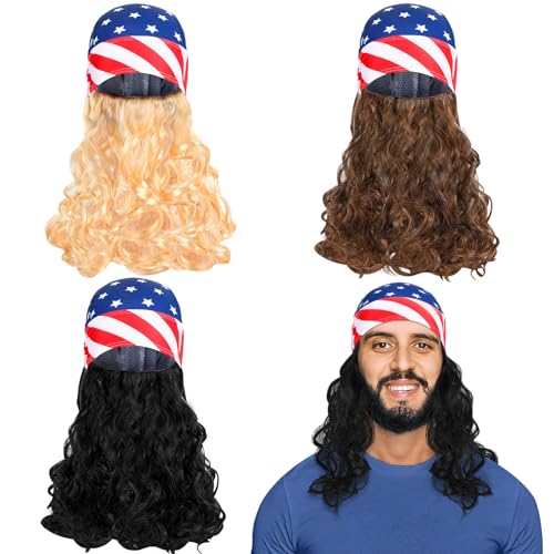 BOARDFEB 3 Pcs Mullet Wig Skull Cap for Men 4th of July Headscarf Patriotic USA Headscarf Red White and Blue Accessories Independence Day Wigs