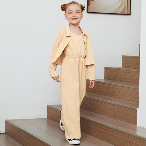 Image of Perfashion Girls 2 Piece Outfits Cotton Linen Jumpsuit Set Button Down Shirt Pants Sets School Clothes 6-15Y