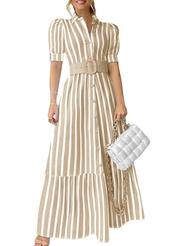 Image of utcoco Womens Striped Button Down Shirt Dress Casual Puff Short Sleeve Ruffle Hem Maxi Dresses with Belt