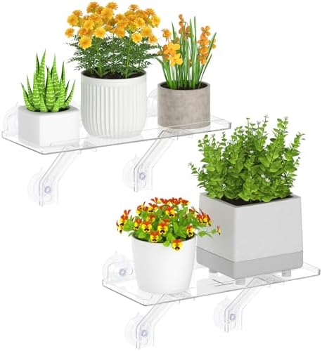 Lifewit 2 Stück Fenster Pflanzenregal ohne Bohren aus Kunststoff, 38,4cm | Fensterregale mit Halter und Gitter für Pflanzen trag. 8KG, Blumenregal Saugnapf, Fenster Regal für Blume