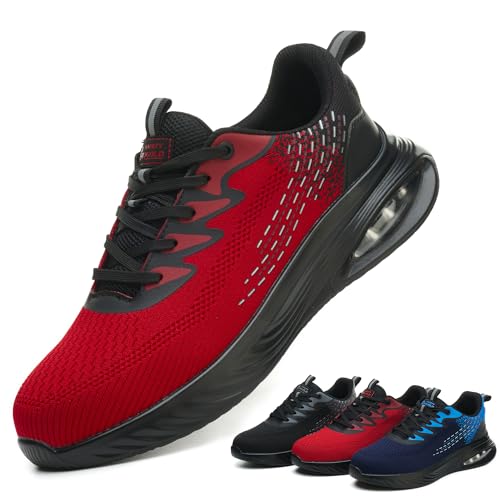 TQGOLD Scarpe Antinfortunistiche Uomo Donna Leggere Scarpe da Lavoro con Punta in Acciaio Antiscivolo Scarpe da Cantiere Scarpe Sicurezza Sportive Traspiranti (Rosso,42EU)