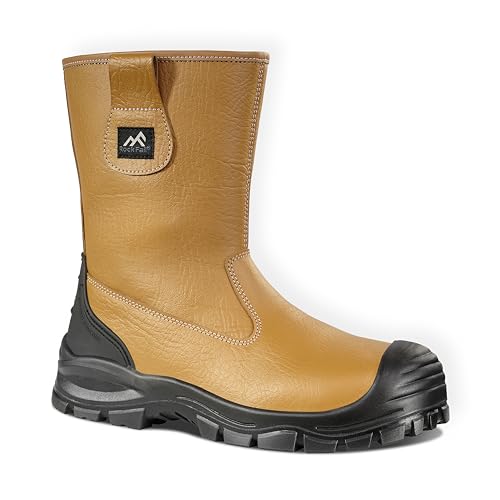 Rock Fall Chicago Rigger Steel Toe Cap Tan Boot Unisex, Water Repellent Safety Boots, SRC Slip Rated Work, Shock Absorbing Midsole, Vegan and Lightweight UK 9